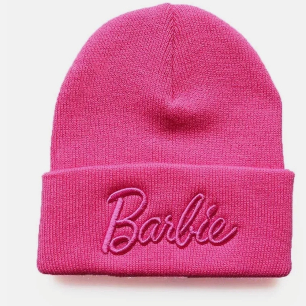 Barbie Woman's Puff Embroidered Beanie Knit Warm Winter Hat Pink One Size